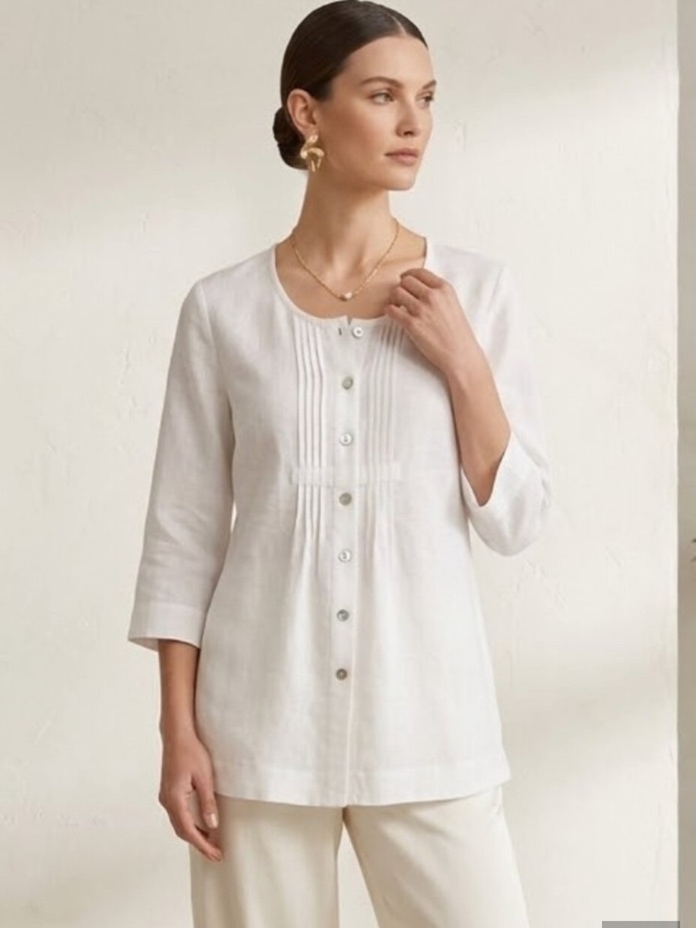 Eileen Fisher Ivory Linen Pintuck Button-Front Tunic